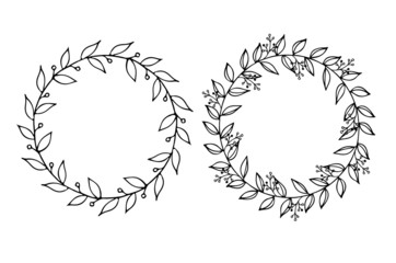 Floral Wreath with leaves and berries, round frame, floral circle vector isolated on white background. For wedding invitations, greeting cards
