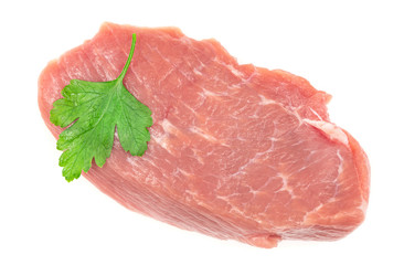 Slice of raw pork meat isolated on white background. schnitzel. steak. meat tenderloin