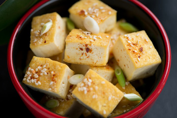 Chunks of pan fried tofu cheese with green onion, sesame and spices served in a red bowl, selective focus, close-up
