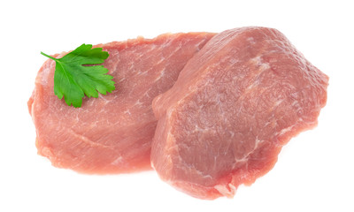 Slice of raw pork meat isolated on white background. schnitzel. steak. meat tenderloin
