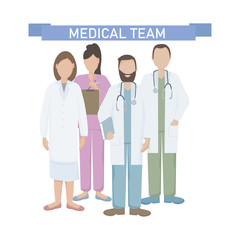 A team of doctors and nurses in uniform, hospital medical staff with stethoscopes in different positions.  The concept of medical care and assistance to people. Vector flat illustration.