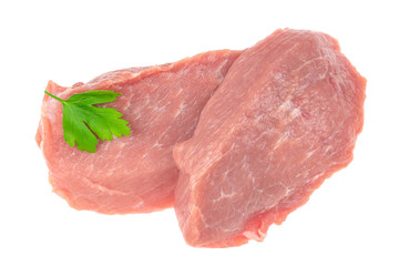 Slice of raw pork meat isolated on white background. schnitzel. steak. meat tenderloin