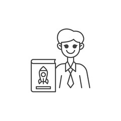 Astronomy teacher line icon. linear style sign for mobile concept and web design. Man teacher with astronomy book outline vector icon. Symbol, logo illustration. Vector graphics