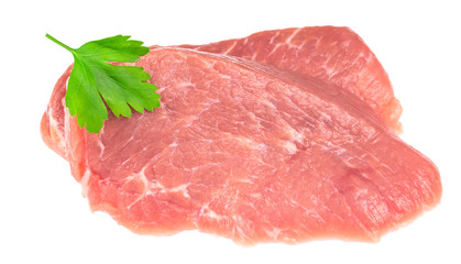 Slice of raw pork meat isolated on white background. schnitzel. steak. meat tenderloin