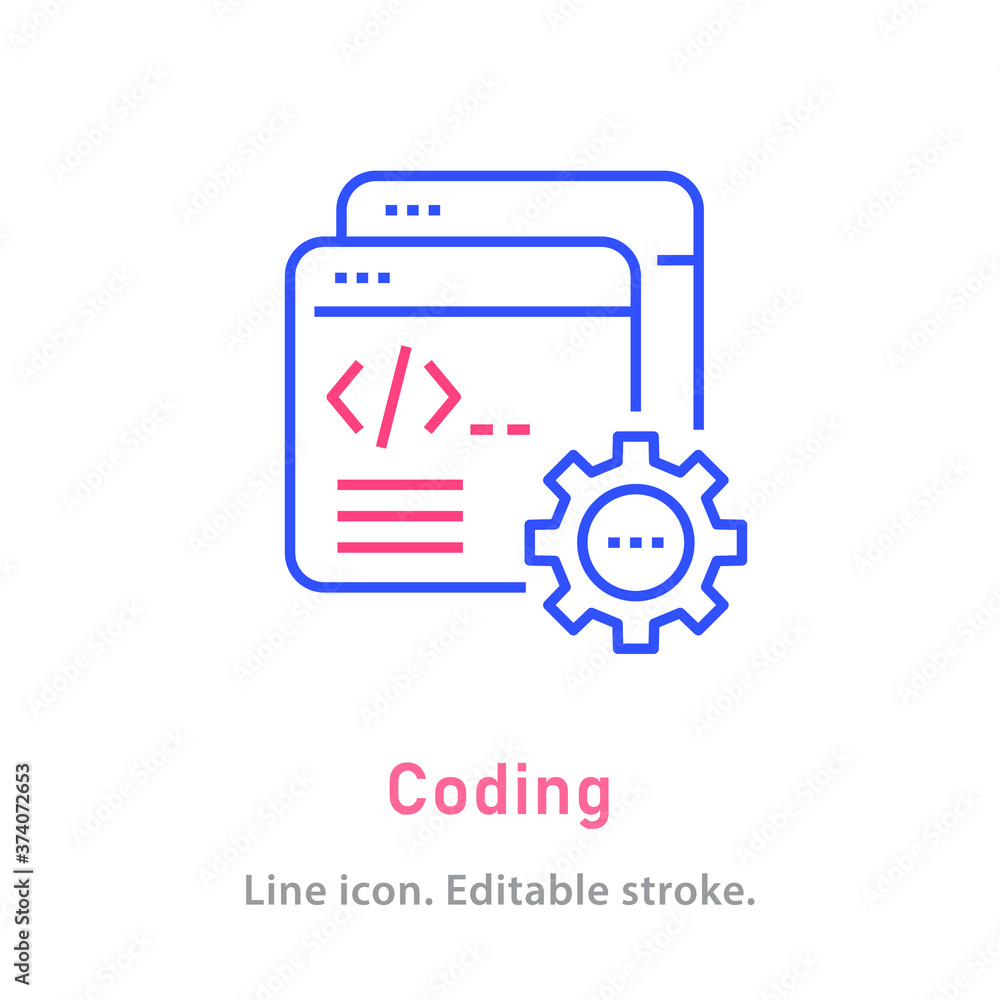 Poster coding line icon on white background. editable stroke.