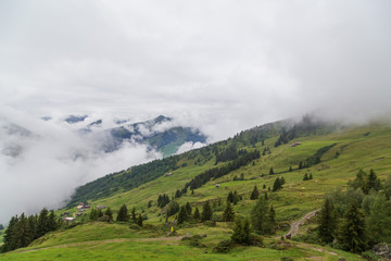 View of snow-covered mountains of a valley of Zillertal - Mayrhofen, Austria (black and white)