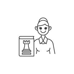 Chess teacher line icon. linear style sign for mobile concept and web design. Woman teacher with chess book outline vector icon. Symbol, logo illustration. Vector graphics