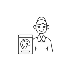 Art teacher line icon. linear style sign for mobile concept and web design. Woman teacher with art book outline vector icon. Symbol, logo illustration. Vector graphics