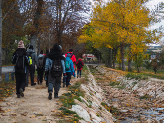 Grupo de senderismo. Jóvenes caminando