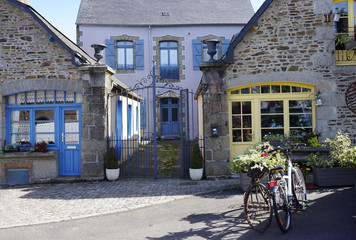 old typical stone houses with colorful doors and windows plus an old bike with flowerrs
