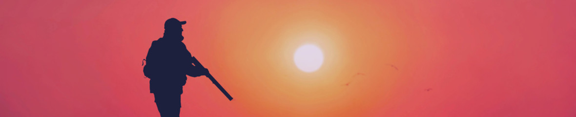 Silhouette of a hunter with a gun in the reeds against the sun