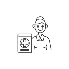 Medical teacher line icon. linear style sign for mobile concept and web design. Woman teacher with medical book outline vector icon. Symbol, logo illustration. Vector graphics