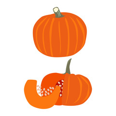 Flat pumpkin in cartoon style on white background. Autumn creative composition. Fall season concept. Vector festive illustration. Holiday party decoration. Thanksgiving day.
