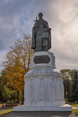 Pskov, Pskov region / Russia - 10.07.2019: Monument to Princess Olga with her son Prince Vladimir in center of Pskov, Russia