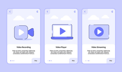 Video recording player streaming onboarding for mobile apps template banner page UI with three variations modern flat outline style.