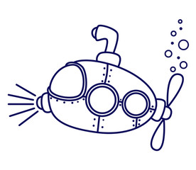 Submarine icon in doodle style outline illustration. Vector illustration isolated on white background.