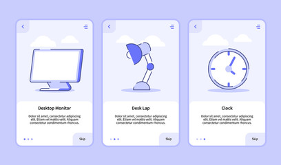 Desktop monitor desk lamp clock onboarding screen for mobile apps template banner page UI with three variations modern flat outline style.