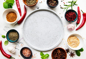 Empty plate and frame of spices