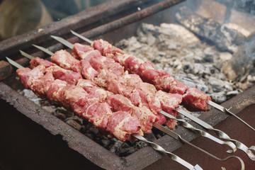 Barbecue on the coals. Grilled meat on a spit.