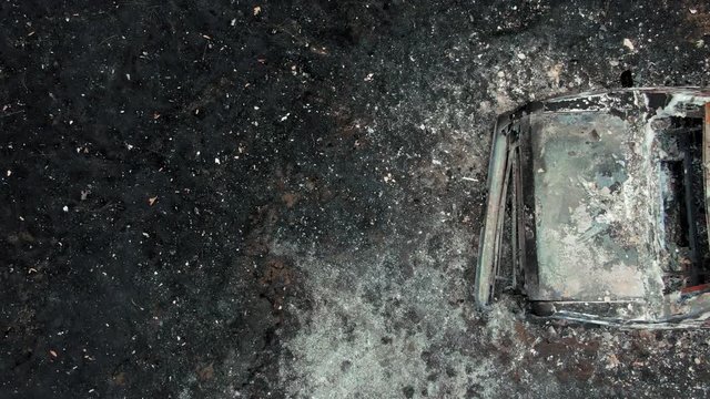 Napa, California, USA. 22 August 2020. Aerial: Burnt out limousine car. LNU Lightning Complex Fire that ravaged the Napa, Sonoma, Lake and Solano counties.