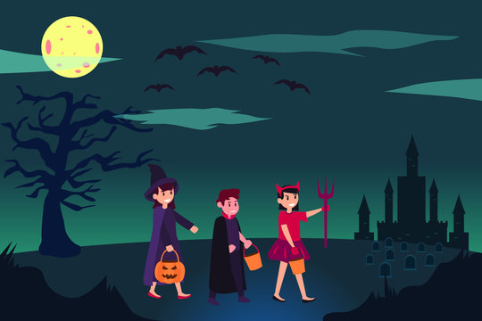 Trick or treat vector concept: group of happy children wearing Halloween costumes while walking around the cemetery