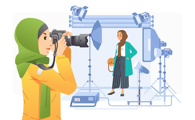young girl pothographer taking a picture of fashionable hijab girl in profesional studio vector illustration