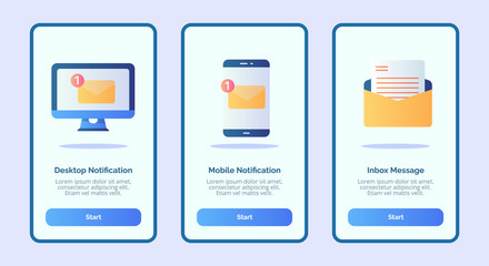 Desktop notification mobile notification inbox message for mobile apps template banner page UI with three variations modern flat color style