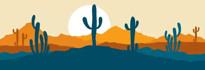 Fototapeten Abstract landscape with cactus / Vector illustration, narrow background, twilight in mexico © imagination13