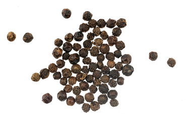 Black peppercorns isolated on white background