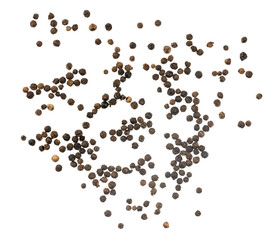 Black peppercorns isolated on white background