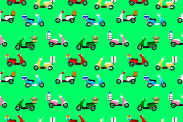 The abstract seamless pattern of colorful motorbike delivery foods or products packages by order for background, Gift Wrap ,wallpaper, fabric print, cloth texture, illustration vector.