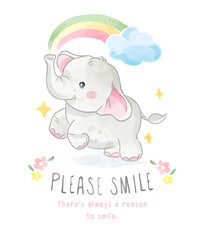 Please Smile Slogan with Little Elephant and Rainbow Illustration