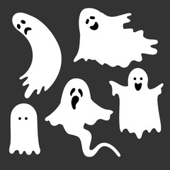 Flat illustration with white ghosts on black background for decoration design. Halloween Vector cartoon illustration. 