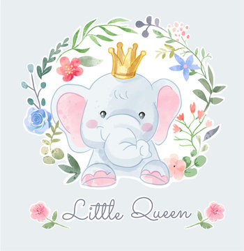 Cute Elephant Crown in Colorful Flower Frame Illustration