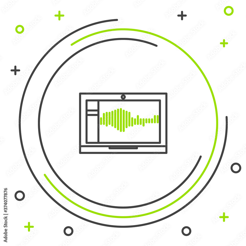 Poster line sound or audio recorder or editor software on laptop icon isolated on white background. colorfu