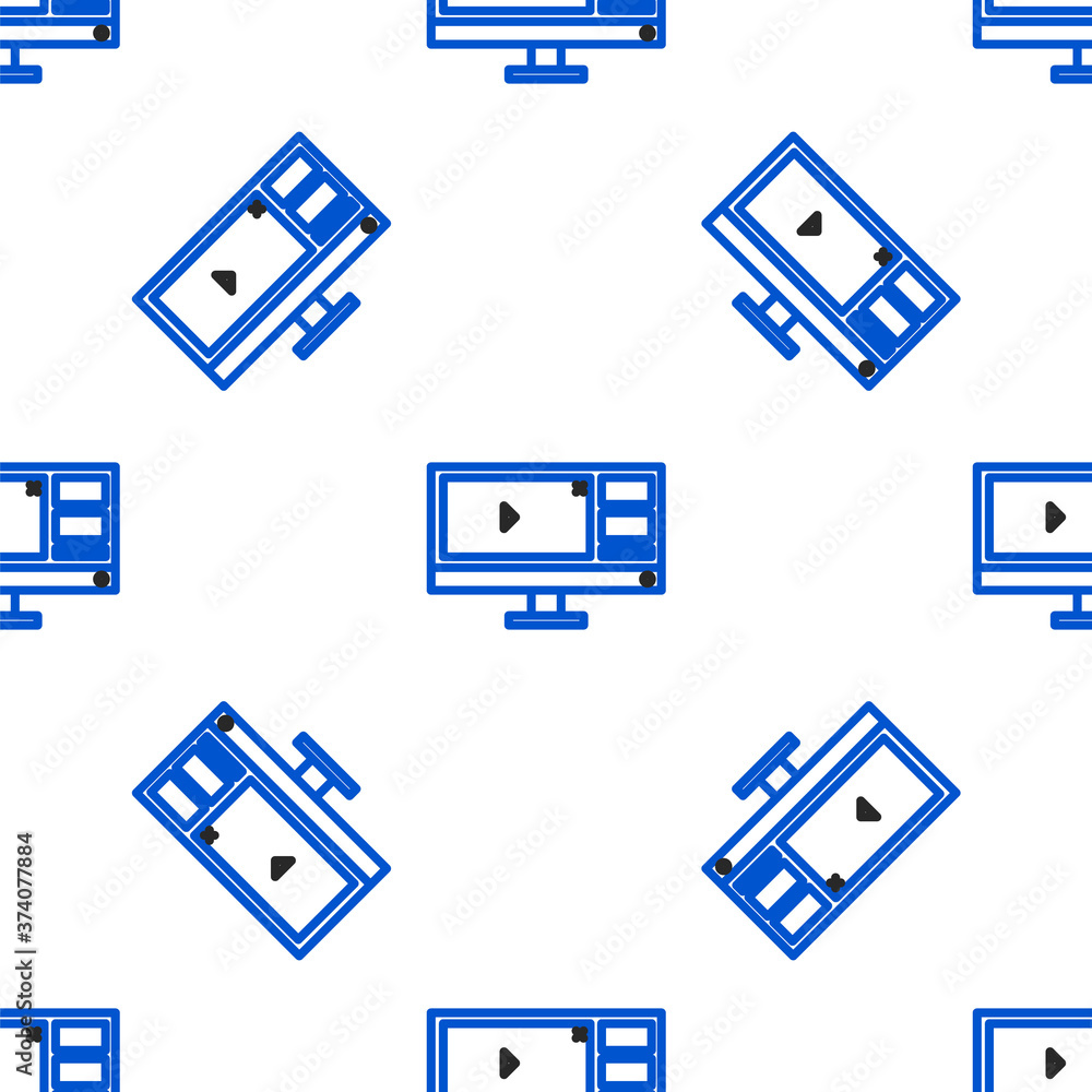 Poster line video recorder or editor software on computer monitor icon isolated seamless pattern on white b