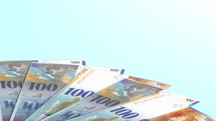 Obraz na płótnie Canvas 3d illustration. Closeup of Swiss paper money with shadows. Switzerland blue banknotes of 100 francs