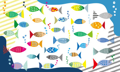 魚　フィッシュ　手描き　シンプル
カラフル　フレーム　ストライプ　ワンポイント　模様　テキスタイル　かわいい　アイコン