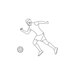Young male football or soccer player dribbling ball line art. Sports match concept. Athlete linear icon sign or symbol. Sport game element. Professional footballer in action - Vector illustration.