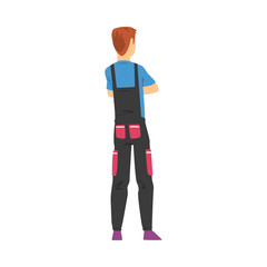 Back View of Guy Worker Character in Overalls, Young Man Viewed from Behind Standing with Crossed Arms and Looking at Something Cartoon Style Vector Illustration