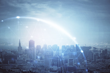 Double exposure of social network theme drawing and cityscape background. Concept of people connecton.