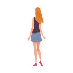 Back View of Girl, Young Woman Viewed from Behind Wearing Tank Top and Short Skirt and Looking at Something Cartoon Style Vector Illustration