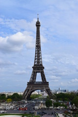 Fototapeta na wymiar PARIS, FRANCE - APRIL 28, 2018: Beautiful view of the Eiffel Tower (Tour Eiffel) in a sunny spring day - Breathtaking view of the most known monument of Paris