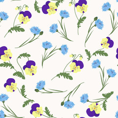 Seamless vector illustration with pansies and cornflowers.