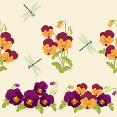 Seamless vector illustration with pansies and dragonflies.