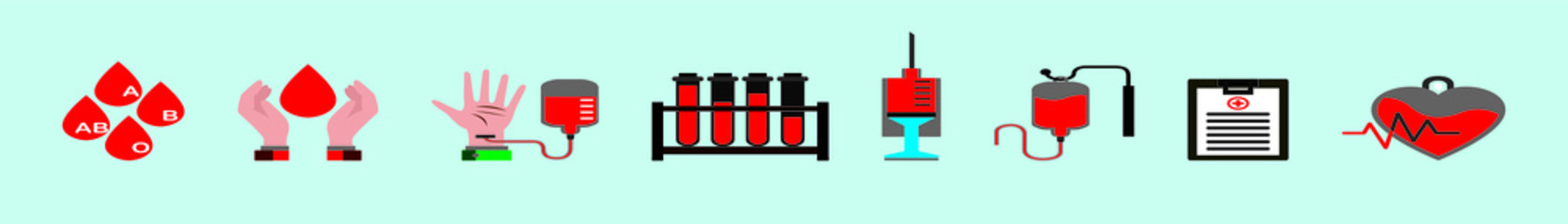 set of medical blood drive cartoon icon design template with various models. vector illustration