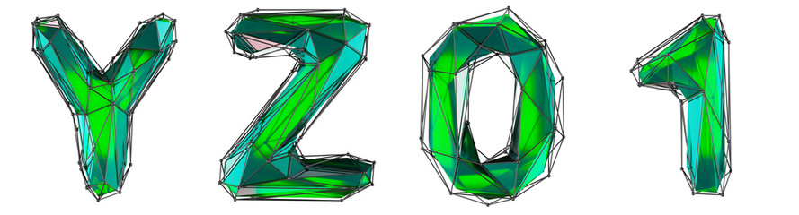 Realistic 3D set of letters Y, Z, 0, 1 made of low poly style. Collection symbols of low poly style green color glass isolated on white background 3d