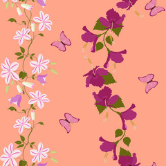 Fototapeta na wymiar Seamless vector illustration with colors of clematis, hibiscus and butterfly.