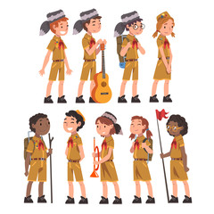 Scouts Boys and Girls Set, Scouting Kids Characters Wearing Uniform and Red Neckerchiefs, Summer Camp Activities Vector Illustration