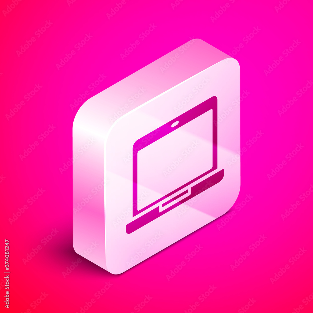 Poster Isometric Laptop icon isolated on pink background. Computer notebook with empty screen sign. Silver square button. Vector Illustration.